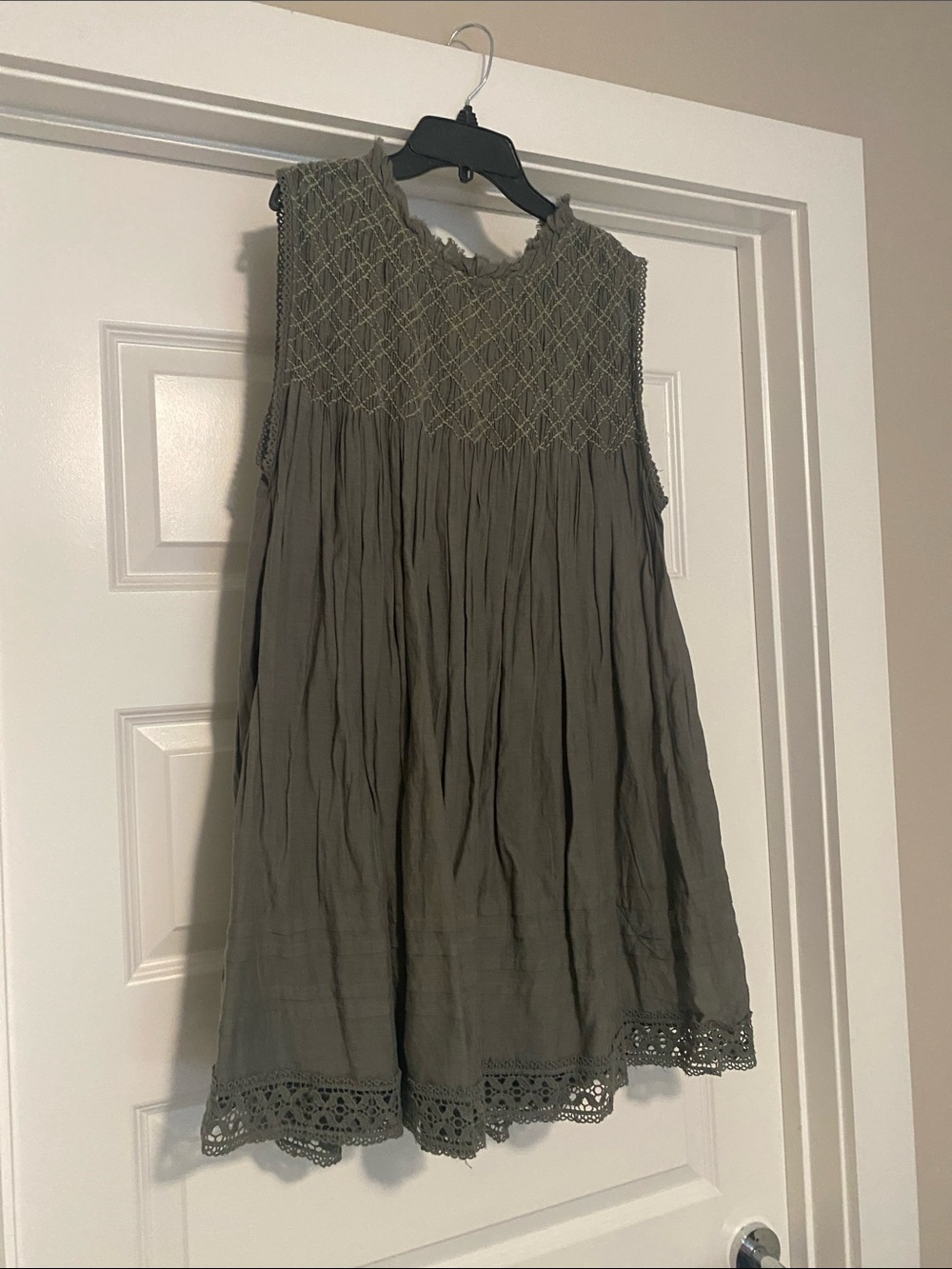 Free People Olive Sleeveless Smocked Crochet-Hem Mini Dress